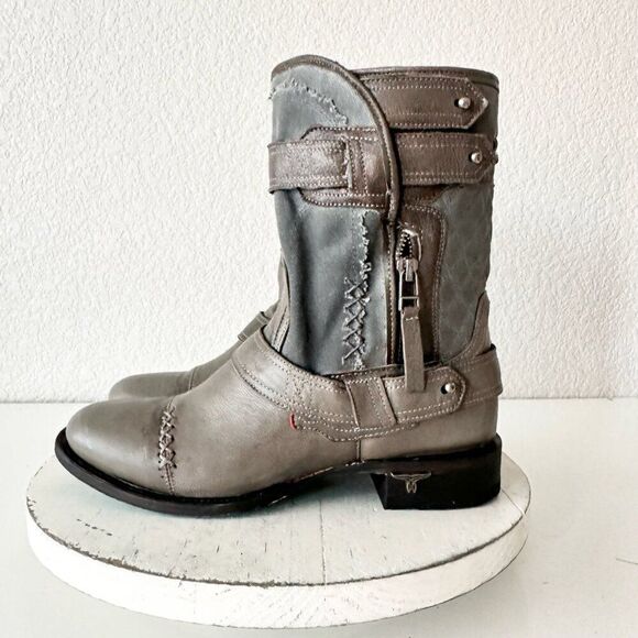 Lane Boots Women’s Gray Leather Canvas Mid-Calf Western Moto Style Zip Size 7.5 - Picture 3 of 12